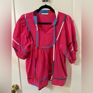 Colorful Pink Blouse with Geometric Accents
